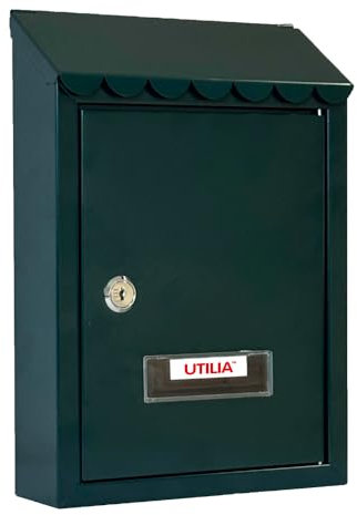 UTILIA Cassetta Postale Capri cm. 21x6x30 h, Porta Lettere in Lamiera Verniciata con Tetto, Feritoia Superiore Posteriore, Cassetta della Posta da Esterno con Serratura a Cilindro, 2 Chiavi (Verde)