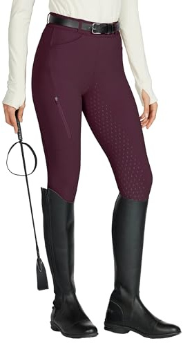 WILLIT Ridleggings, dam, ridbyxor, silikon, helsits, hög midja, stretch, ridbyxor med dragkedja, bälteshällor, Vinröd, XL