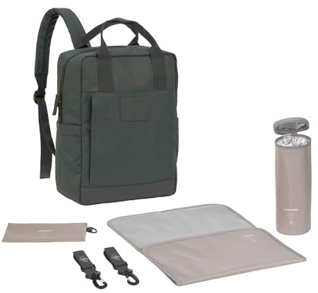 LÄSSIG GRE Vividal Baby Changing Backpack with Changing Mat, Pram Attachment, Bottle Holder Sustainably Produced/Green Vividal Backpack Dark Olive