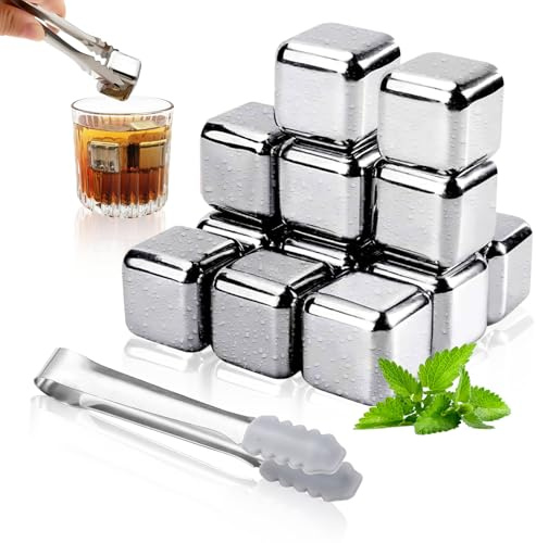 WANDGU Lot de 12 glaçons réutilisables : glaçons en acier inoxydable, pierres à whisky, glaçons en acier inoxydable, glaçons à whisky, pierres de refroidissement avec pince pour vin, vodka, jus de