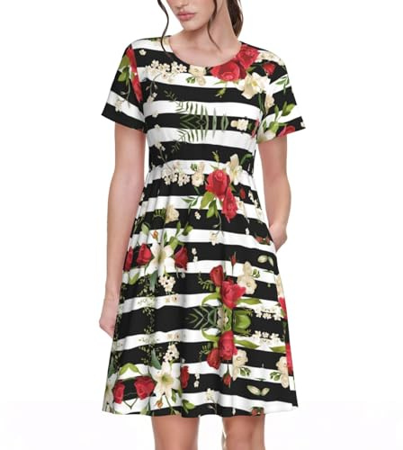 ESASAM Black White Stripes Red Rose Flowers Unique Women's Short Sleeved Dress, Slim Fit, A-Line Version, Skin Friendly and Comfortable