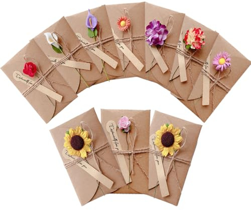 10 Pcs Tarjeta de Felicitación, 17.5 * 11cm Tarjeta Regalo, Postales Vintage con Flores Secas Decoradas Postales, Tarjeta Kraft Felicitacion Cumpleaños Bebe Regalo Sobres Navidad Boda