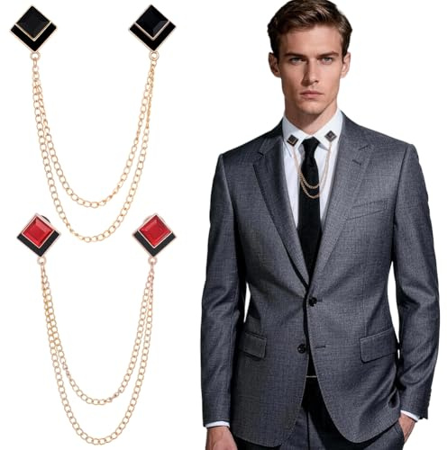 craspire Broches à Chaîne en Or 2 Couleur Épingles à Col en Cristal Pompon Carré Badge Noir et Rouge pour Hommes Costumes Chemises Bals Réunions d'affaires Smokings Banquets Rencontres Cadeaux