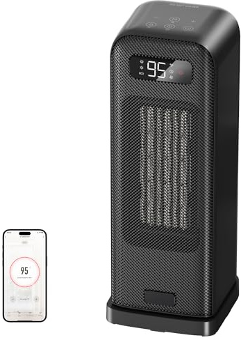 Energiesparender Heizlüfter, 1500W Tragbare PTC Keramik Heizlüfter Leise, 70° Oszillierwaend, 12-Std-Timer, Überhitzungs-Kippschutz, Alexa & Google Assistant Heizlüfter, Schwarz, 1 Pack+4 Modi