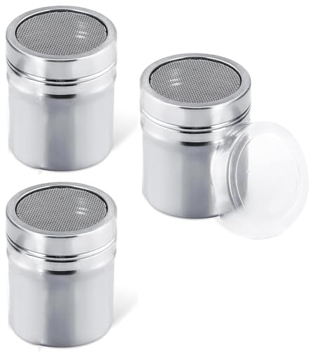 3Pcs Flour Sugar Salt Shaker,Stainless Steel Chocolate Powder Shaker,Compact Design with Fine Mesh for Consistent Dispensing for Kitchen