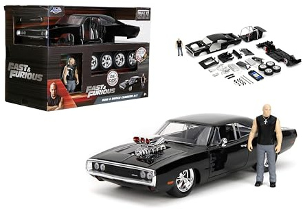 Jada Toys Fast & Furious Dom & Dodge Charger R/T, 1:24 Scale Build n' Collect Die-Cast Model Kit with 2.75 Die-Cast Figure, Black