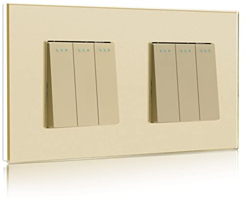 BSEED Light Switch 3 Gang 1 Way+3 Gang 1 Way Glass Light Switches Screwless 10A Rocker Tactile Wall Switch Gold Crystal Toggle Switch 146mm