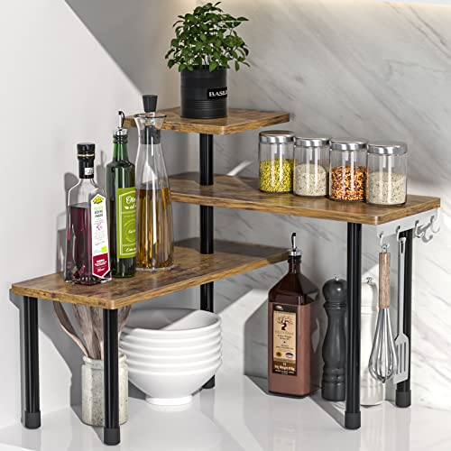 JayRex Countertop Organizer Organization, 3 Tier Moveable Corner Shelf Organizer for Kitchen, Bathroom, Spice Rack, Coffee Area, Over Sink, Dresser Table (Rustic Brown)