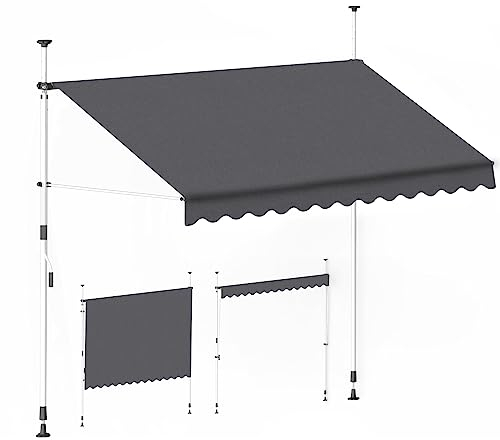 Novonova Store Banne Manuel, Résistant aux UV/Soleil, Store Banne Réglable en Hauteur/Inclinaison, avec Manivelle, pour Balcon/Terrasse, Auvent Rétractable sans Perçage, 244 * 120 * 305CM