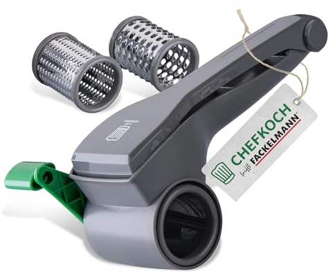 Chefkoch Râpe à tambour pour légumes, fromages ou noix – Râpe avec manivelle et 3 inserts pour tranches, râpes grossières et fines – Remplissage facile grâce à la grande ouverture