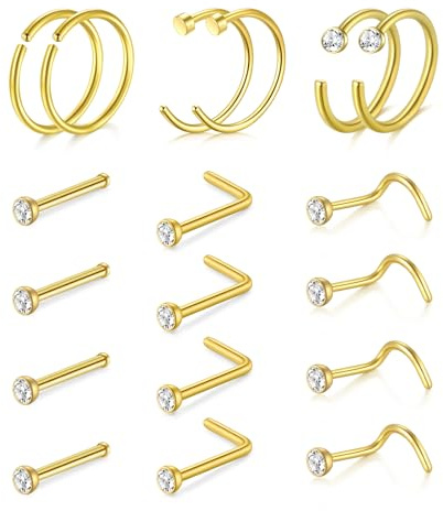 AVYRING Set di piercing per naso, in acciaio chirurgico, con zirconi, per donne e uomini, 22 G, 20 g, 18 G, Acciaio inossidabile