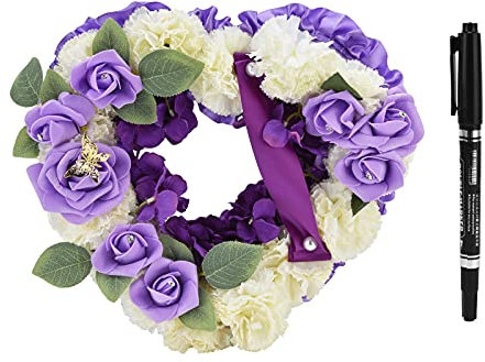 Couronne de fleurs artificielles en forme de cœur, guirlande de fleurs soyeuses, arrangements floraux funéraires avec ruban stylo pour décoration de cercueil, tombe (violet)
