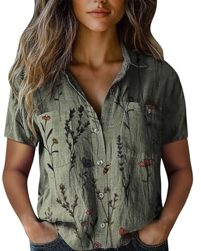 Angxiwan Linen Shirt Boho Blouse Linen Shirts Women Summer Short Sleeve Button Down T-Shirts with Pockets Elegant Graphic Print Tunic Tops Lightweight Loose Warehouse Deals Clearance