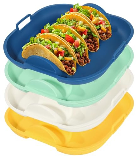 4 Pack Silicone Taco Holder Plates, 4 Slots Reusable Silicone Taco Holder, 4 Dividers Taco Stand with Handles, Large Taco Serving Tray for Party, Microwave Oven Dishwasher Safe