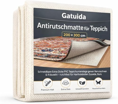 Gatuida Antirutschmatte für Teppich 200x300cm – Schneidbare Extra Dicke PVC Teppichunterlage gegen Verrutschen & Kräuseln - rutschfest für Hartholzböden Zuhause, Büro