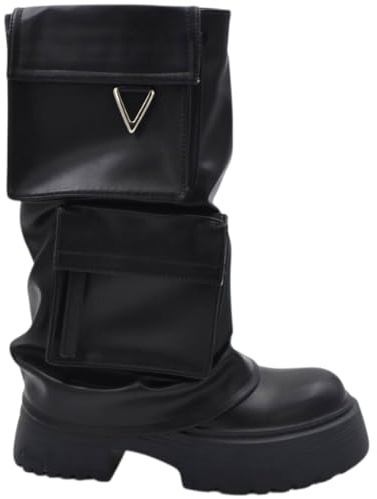 Stivali Donna Combat con Zeppa carrarmato 8 cm Gomma Risvolto Arricciato e Taschino Zip Interna (38 EU)