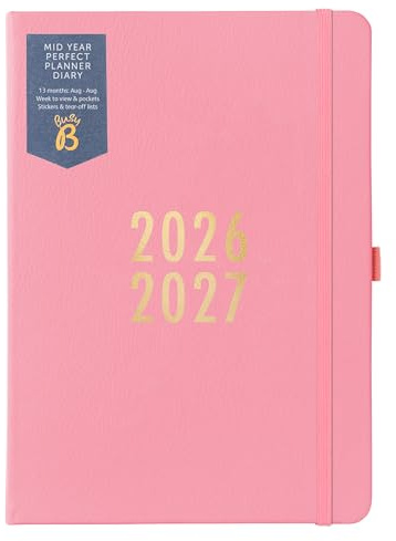 Busy B A5 Weekly Academic Diary Aug 2026-Aug 2027 - Pink Vegan Leather | Week-to-view planner with stickers, pen loop & list pad. Ideal for school, college or work.