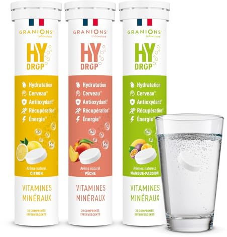 GRANIONS HYDROP - Pastilles Hydratation - Citron, Peche, Mangue Passion - SANS SUCRES - Fabriqué en France - Electrolytes - Vitamines, Minéraux, Magnesium - Pastille Hydratation - Pack x3