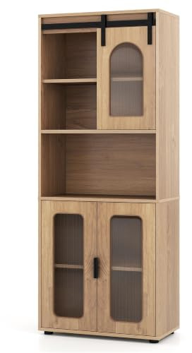 TANGZON Tall Kitchen Cupboard with Sliding Barn Door, Tall Storage Cabinet | Open Shelves, Enclosed Cabinet, Anti-Tip Kits, 150cm Freestanding Sideboard Kitchen Storage Unit for Dining Living Room