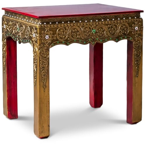 livasia Opiumtisch aus Massivholz – 50x40x50cm – Handgeschnitzter Beistelltisch Holz aus Thailand, Nachhaltig, das besondere Wohnhighlight mit Glasmosaik