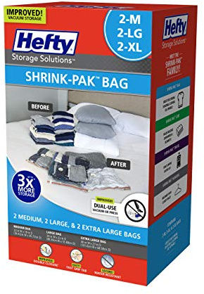 Hefty Shrink-Pak - 2 Medium, 2 Large, 2 XL Vacuum Seal Storage Bags – Space Saver Bags for Clothing, Pillows, Towels, or Blankets, 6 Pc Set