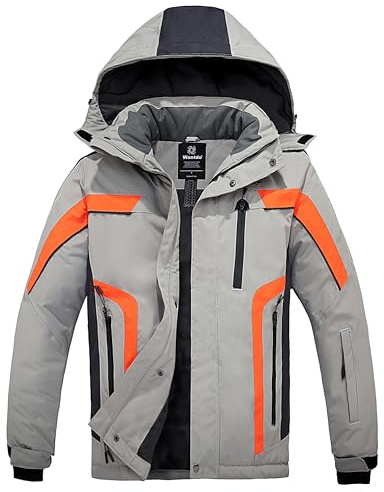Wantdo Homme Veste de Ski Coupe-Vent Imperméable Veste Sport Outdoor Montagne Anorak Randonnée avec Capuche Manteau Hiver Chaude Polaire Gris+Orange L