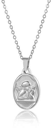 HUJUON Stainless Steel Round Coin Angel Pendant Necklace. Angel Baby Cherub Necklace, God of Love Cupid Chain Necklace for Women (Silver)