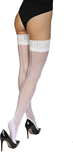 Annes styling Hold ups dam med ryggsöm 20 denier sensuella strumpor sexig spets topp hög lår med silikon, vit, M/L
