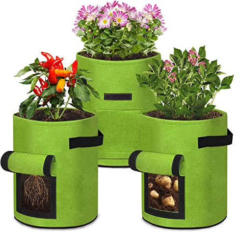 VA-Cerulean Pflanzen Tasche,Tragegriffen Pflanzsack im Garten,Balkon,Pflanztasche mit Sichtfenster und Klettverschluss,für Kartoffeln, Blumen, Pflanzen, Gemüs(3 Stück Grün,7 Gallonen)