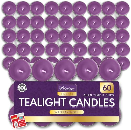 SOL 60pk Tea Light Candles Wild Lavenders – 3.5 Hour Burn Time, Scented Tea Lights Candles, Long-Lasting and Ideal Home Decor, Relaxation, Romantic Dinners, Weddings, Cosy Evenings & Special Occasion