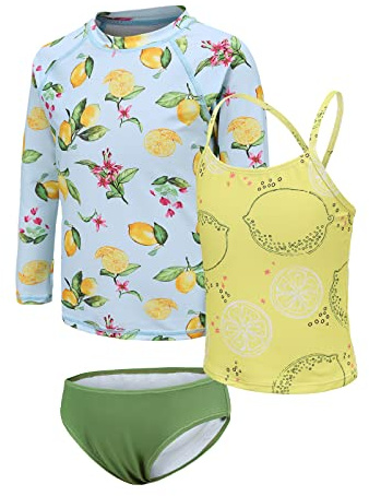 Girls Swimming Costume 3 Piece Rash Guard Set Kids Girls Swimsuit Set Long Sleeve Rash Vest and Shorts Girls Tankini Swim Set 11-12 Years
