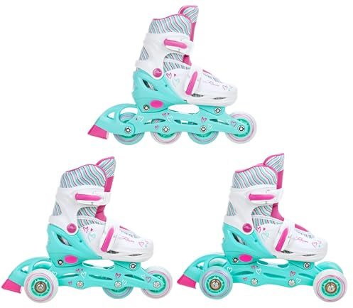Raven - Pattini a rotelle per bambini, ragazze, adulti, bambini - Pattini a rotelle 3 in 1 con pattini quad, per principianti - Regolabili - Loret Mint/Pink, 30-33 (18,5-20,5cm)