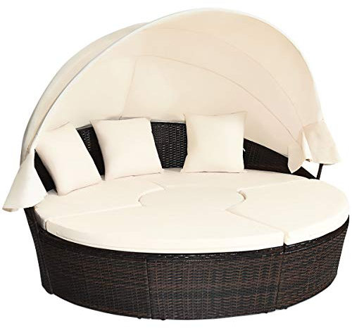 COSTWAY Ø185cm Sonneninsel Rattan mit Dach und Tisch, Sonnenliege für 2 Personen, Gartenliege mit Sitz- und Rückenkissen, Lounge Möbel Outdoor, runde Liegeinsel für Garten, Terrasse (Beige)