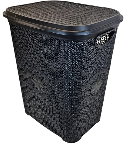 Best House | 65L Laundry Basket with Lid | BLACK | 65 Litres | Large | Plastic Hamper | Knitted/Rattan Style | Clothes Storage Washing Bin Basket Hamper for Bathroom Bedroom (Pack of 1)