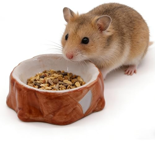 ANMOO Ceramic Hamster Bowl, Tip-Proof Food Bowl for Guinea Pigs, Anti-Black Chin, Dishwasher Safe, Easy to Clean Wood-Stump Design