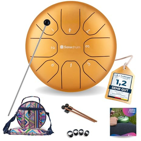 Sonodrum Zungentrommel Standard C - Dur in Gold - 14 cm klein mit 8 Tönen - Steel Tongue Drum inkl. Liederbuch, Schlägel, Fingersticks und Tragetasche - Notenlesen nicht nötig, einfach zu spielen.