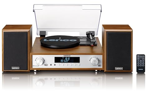 Lenco MC-160WD Chaîne stéréo avec Platine Vinyle - Radio Dab+/FM, Bluetooth 5.0, encodage MP3 Direct Via USB, entraînement par Courroie, 3 Vitesses, Enceintes en Bois 2x10W, télécommande