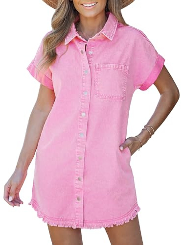 luvamia Jeans Dress for Women Denim Summer Spring Cute Dresses Frayed Valentines Day Easter Dresses for Lady Pink Outfits for Women Size Medium Size 8 10