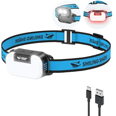 Smiling Shark Stirnlampe LED, TD-0151 USB Stirnlampe Kopflampe Wiederaufladbar Flip-Top-Design mit Weißem & Warmem & Rotem Flutlicht & Spotlight Wasserdicht Leichtgewicht für Laufen Angeln Joggen