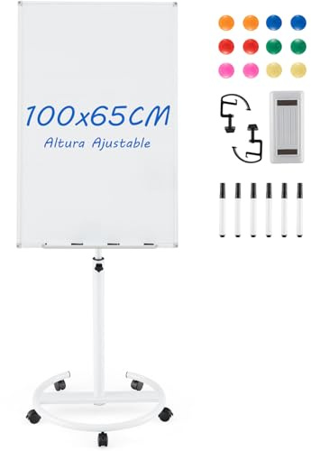 COSTWAY Pizarra Móvil 100x65 cm, Pizarra Blanca Magnética Ajustable Altura y Ruedas, Pizarra Blanca con Clips de Papel y Bandeja, Bloc de Notas de 25 Hojas, Imanes, Marcadores y Borrador (blanco)