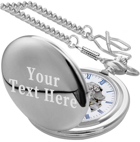 Tiong Silver Vintage Customized Mechanical Pocket Watch,Steel Personalized Engraved Skeleton Pocket Watches with Chain Custom Gifts for Men Women