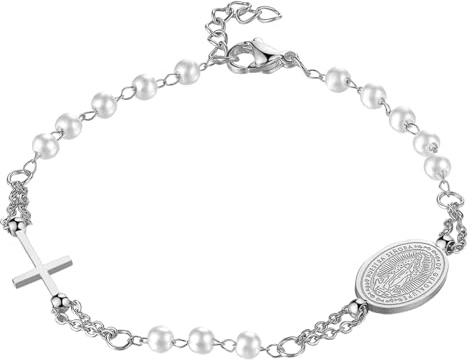 Flongo Katolskt radband armband för kvinnor: Religiöst armband med korshänge svart guld pärlor jungfru Maria kedja rostfritt stål bön tro skydd armband Virgin Mary, Rostfritt stål