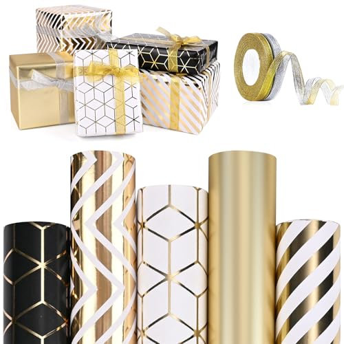 Carastek Geschenkpapier Set 5 Rollen 300 x 43cm Schwarz Weiß Gold - Geschenkpapier mit Schleifenband für Geburtstag, Weihnachten & mehr
