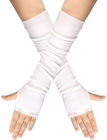 BrightGlow Långa fingerlösa vinterhandskar, handledsvärmare av bomull, armbågshandskar, kvinnor, lotusblad, design, fingerlös, stretch, armvärme, armvärmare med tumhål, Vit, En Storlek