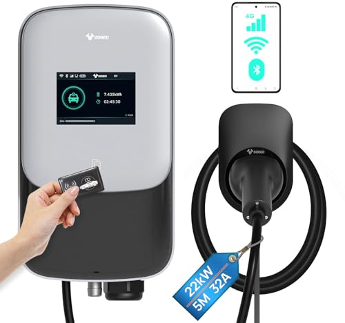 GONEO Wallbox 22kW 8A-32A Laddstation för elbilar 3-fas OCPP med 5m Typ 2-kabel Laddare för elbilar med RFID-kort 4G WiFi-app Bluetooth-styrning IP65 IK10-skydd
