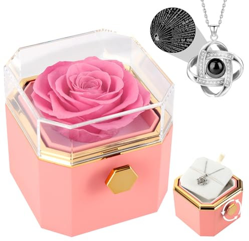 FAYODO Ewige Rose mit Halskette Damen,Drehbare Infinity Rosenbox Geschenke für Frauen,Mama,Oma,Valentinstag, Muttertag,Geburtstage,Hochzeitstag mit Ich Liebe Dich Kette in 100 Sprachen（Rosa）