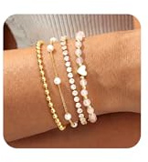JeweBella 4 Stück Naturstein Perlenarmband Damen Gold/Silber Verstellbare