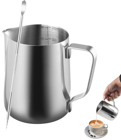 FHISKUNYU Bricco Latte Acciaio Inox 350ml con Latte Art Pen - Lattiera Latte Art per Barista, Bollilatte per Cappuccino, Espresso, Scaldalatte