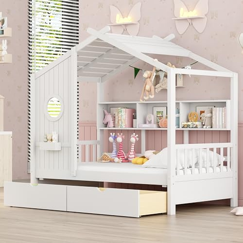 Twin Size House Bed with Storage Drawers,Kids House Bed Frame with Shelves,Cute Wood House Bed Twin with Roof for Kids,Girls,Boys,White