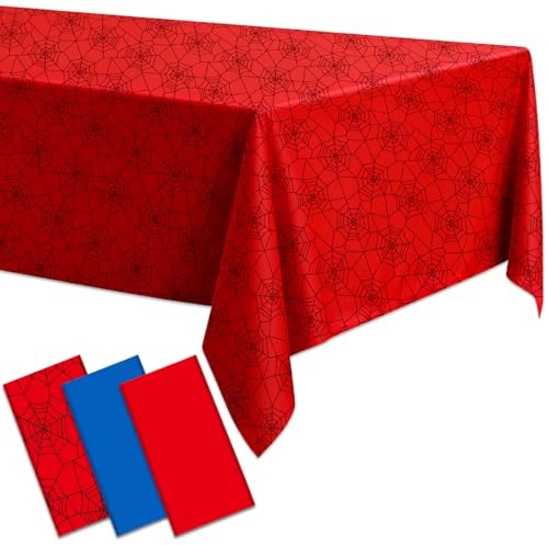 3Pcs Spider Theme Tablecloths Disposable Hero Party Plastic Table Cover Large Rectangle Red Blue Spiderweb Table Cloth for Kids Boys Spider Birthday Party Decorations Baby Shower Supplies 108x54 Inch